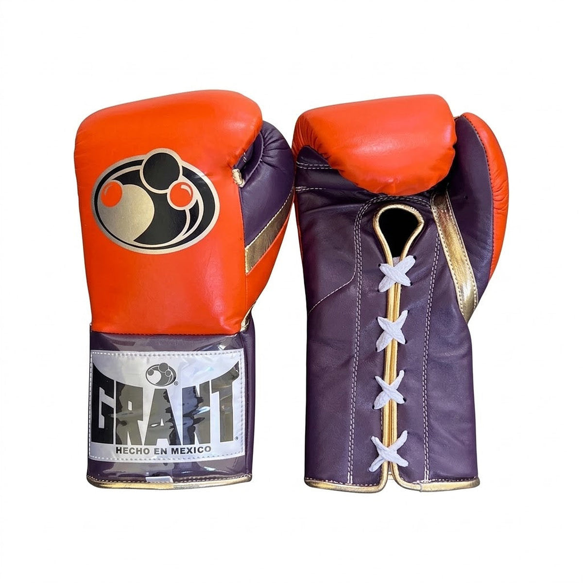 Grant lace-up boxing gloves with bright orange back, deep purple palm and white laces down the center