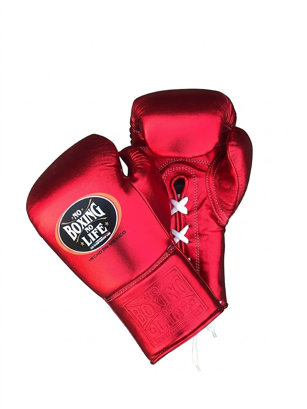 No Boxing No Life shiny metallic red lace-up boxing gloves with white laces down the wrist - side view