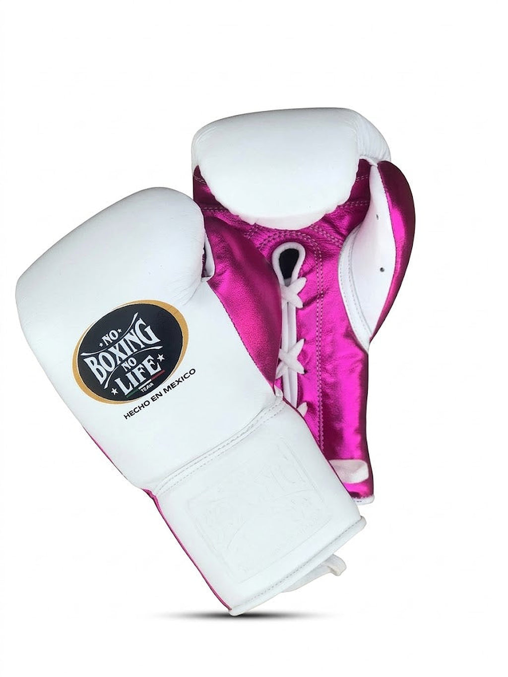 No Boxing No Life white boxing gloves with a shiny metallic pink palm and white lace-up wrist - side view