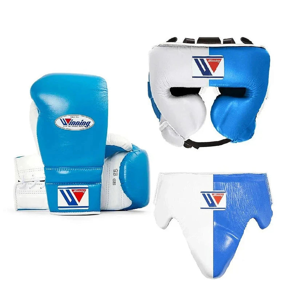 Winning sky blue and white split boxing set with lace-up gloves, headgear and groin guard