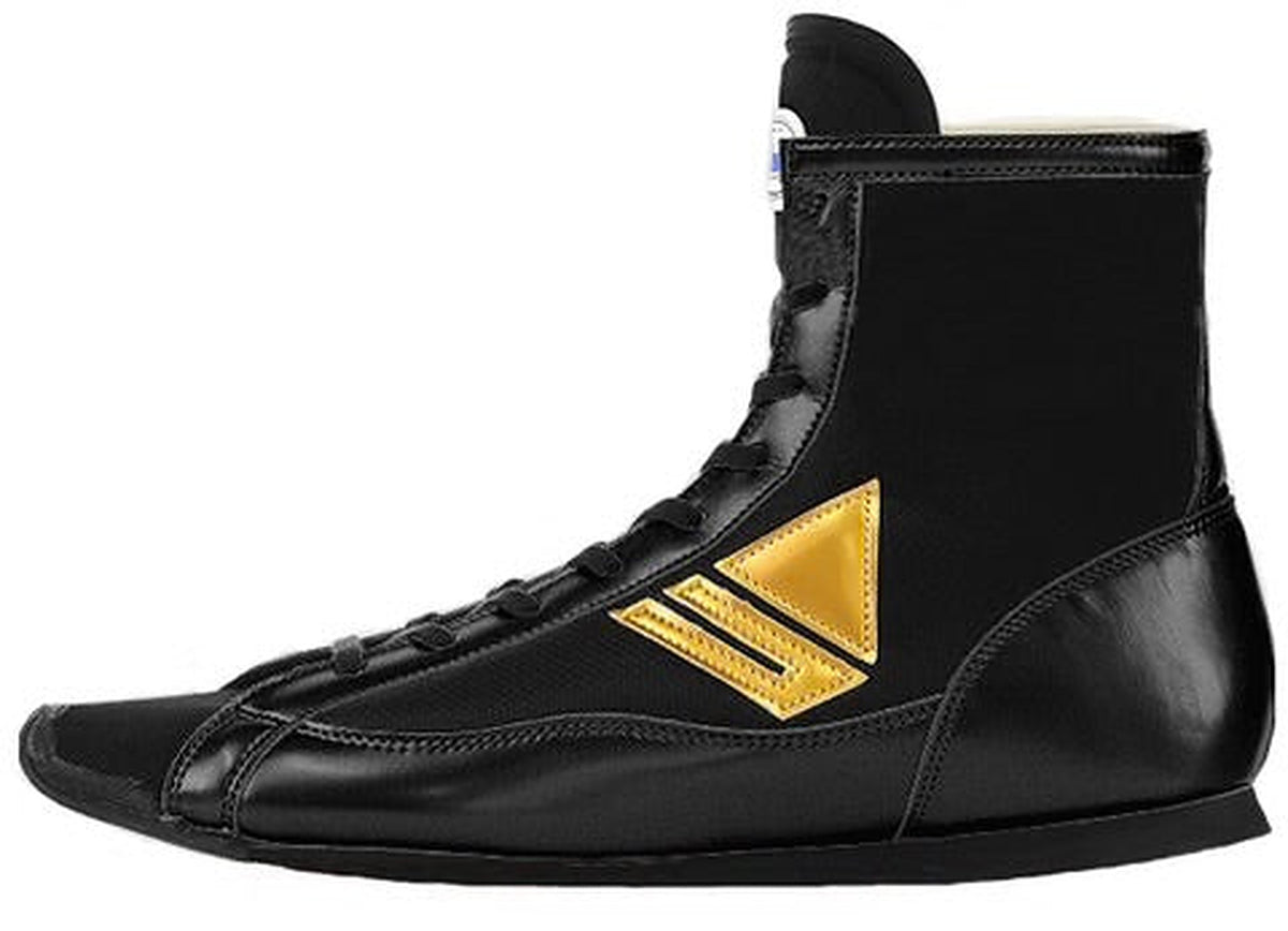 Winning RS-001 black high-top boxing shoes with gold chevron stripe logo on the side