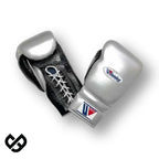 Winning silver and black split boxing set with face bar headgear, lace-up gloves and groin guard - palm and closure detail