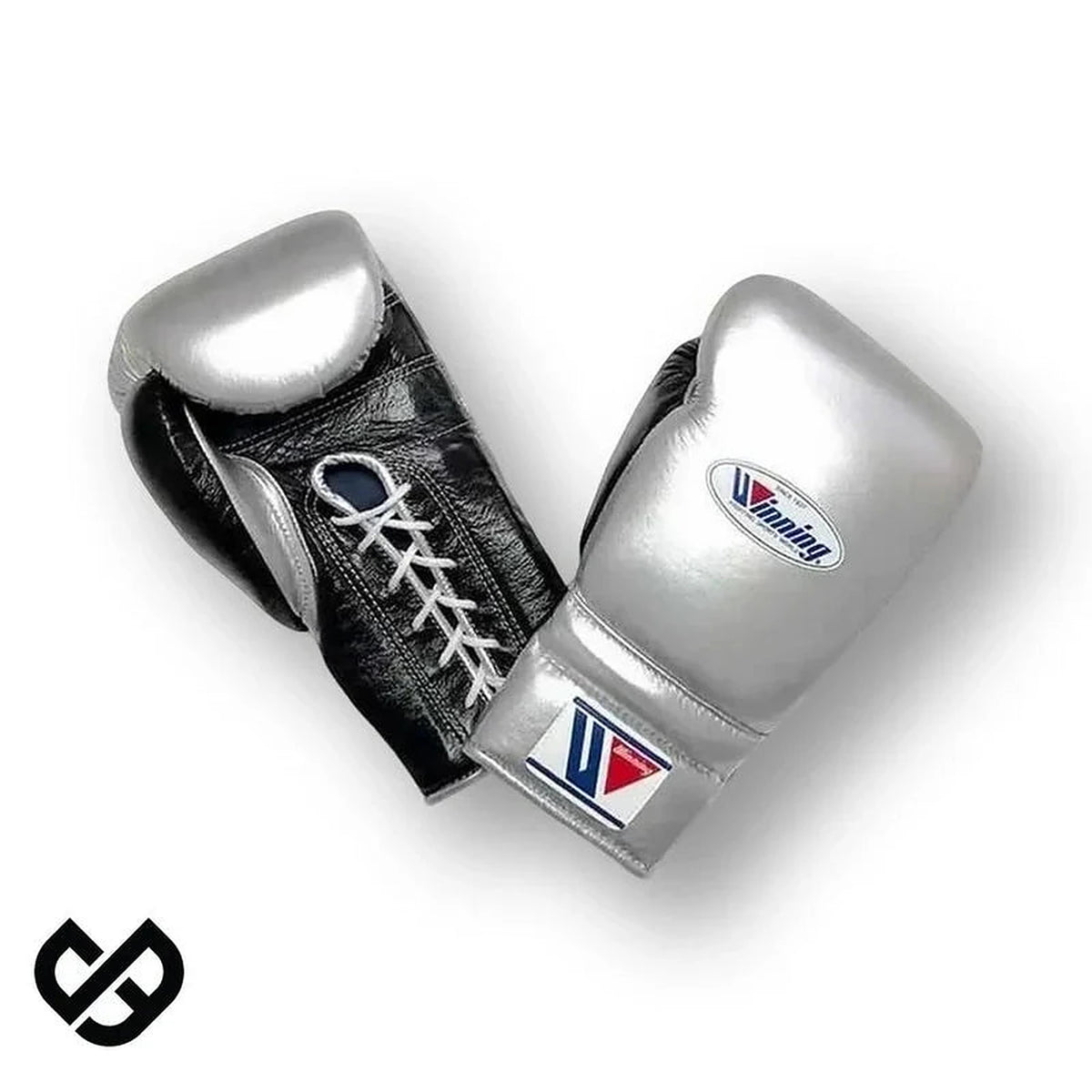 Winning silver and black split boxing set with face bar headgear, lace-up gloves and groin guard - palm and closure detail