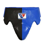 Winning black and royal blue split boxing set with lace-up gloves, headgear and groin guard - alternate angle