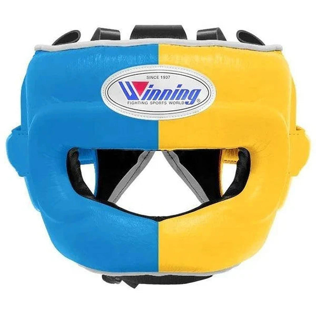 Winning yellow and sky blue split boxing set with face bar headgear, lace-up gloves and groin guard - alternate angle