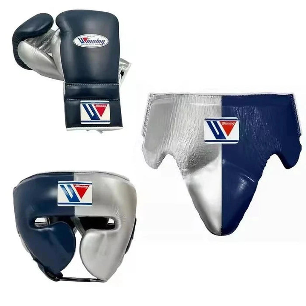 Winning navy and silver split boxing set with lace-up gloves, headgear and groin guard from the front