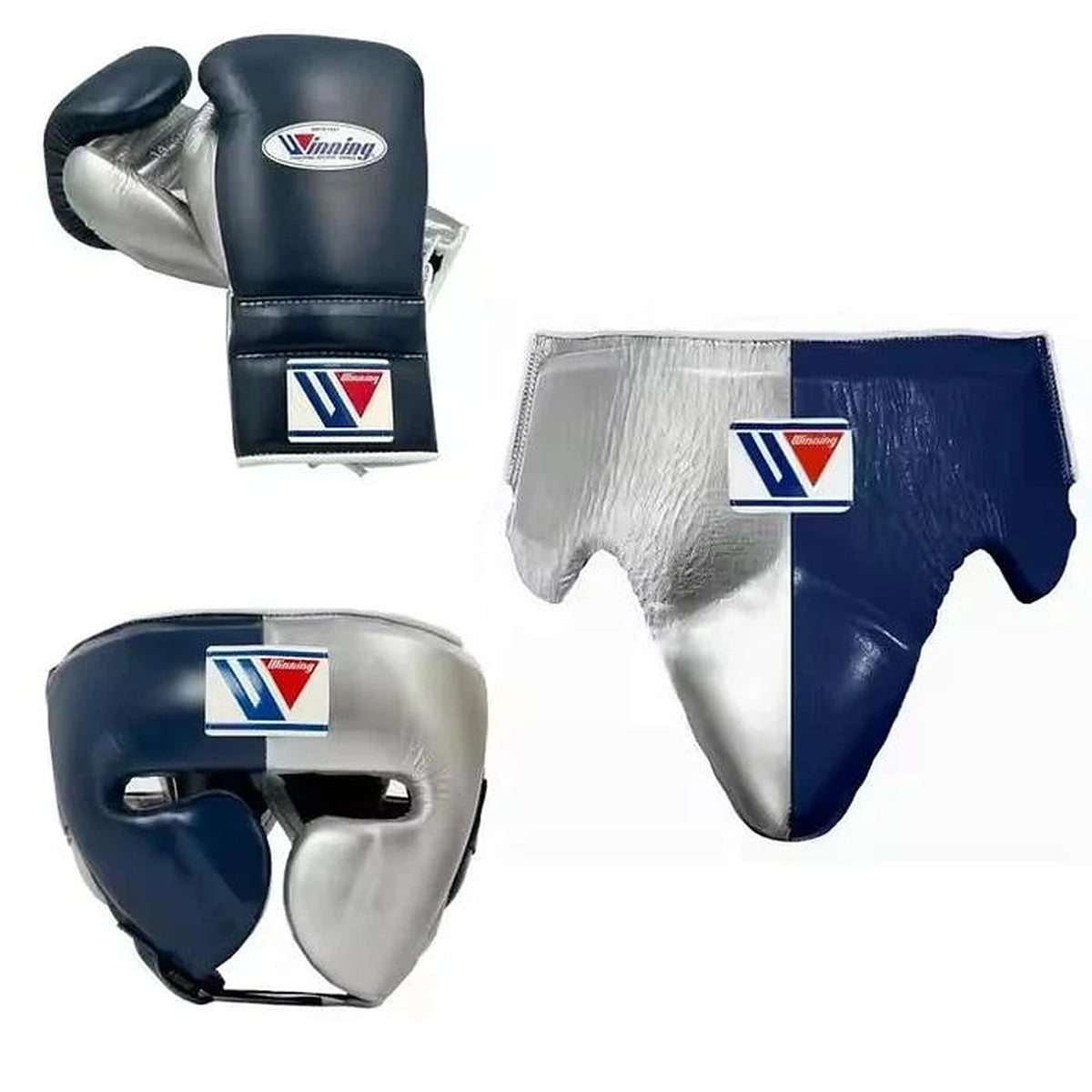 Winning navy and silver split boxing set with lace-up gloves, headgear and groin guard from the front