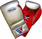 Winning red and silver split boxing set with face bar headgear, lace-up gloves and matching groin guard - alternate angle
