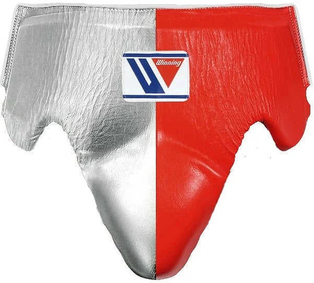 Winning red and silver split boxing set with face bar headgear, lace-up gloves and groin guard - palm and closure detail