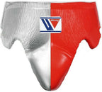Winning red and silver split boxing set with face bar headgear, lace-up gloves and groin guard - palm and closure detail