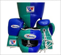 Winning green and royal blue split boxing set with lace-up gloves, headgear and groin guard