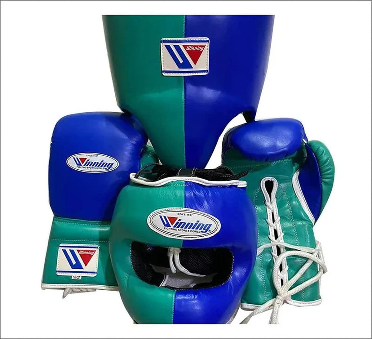 Winning green and royal blue split boxing set with lace-up gloves, headgear and groin guard