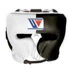 Winning white and black split boxing set, lace-up gloves, headgear and groin guard with W triangle logo - alternate angle