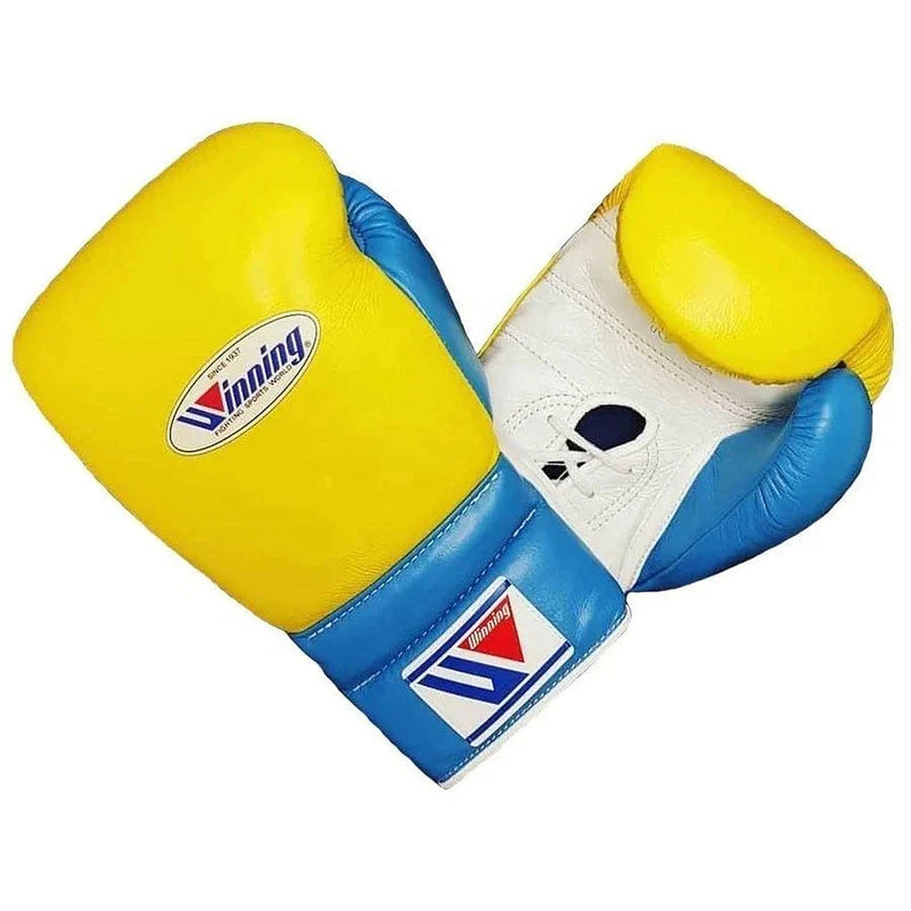 Winning yellow and sky blue split boxing set with face bar headgear, lace-up gloves and groin guard - palm and closure detail
