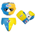 Winning yellow and sky blue split boxing set with face bar headgear, lace-up gloves and groin guard