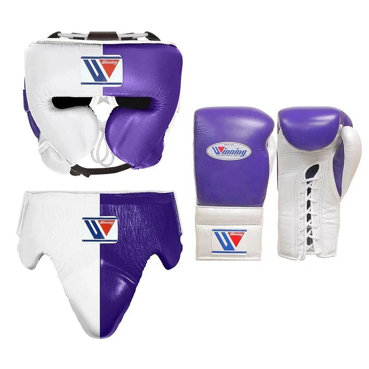 Winning white and purple split boxing set with face bar headgear, lace-up gloves and groin guard
