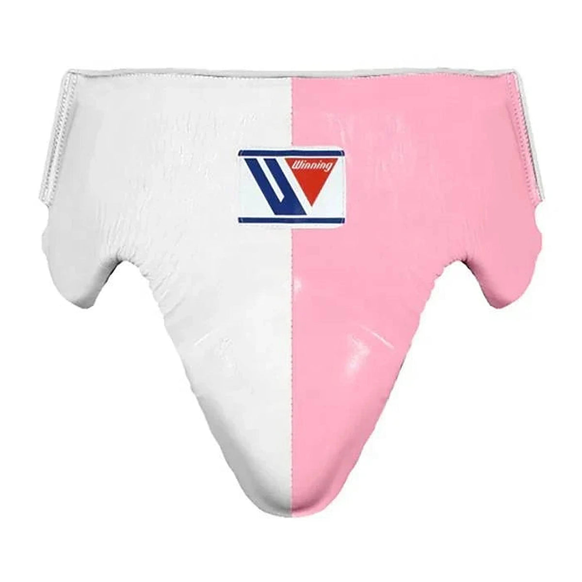 Winning white and pink split boxing set with face bar headgear, lace-up gloves and groin guard - palm and closure detail