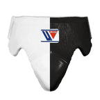 Winning white and black split boxing set: lace-up gloves, headgear and groin guard with W logo - palm and closure detail