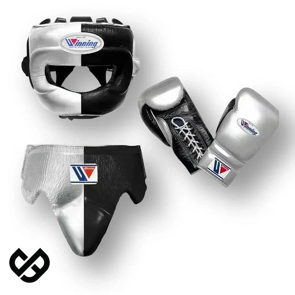 Winning silver and black split boxing set with face bar headgear, lace-up gloves and groin guard