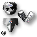 Winning silver and black split boxing set with face bar headgear, lace-up gloves and groin guard