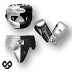 Winning silver and black split boxing set with face bar headgear, lace-up gloves and groin guard