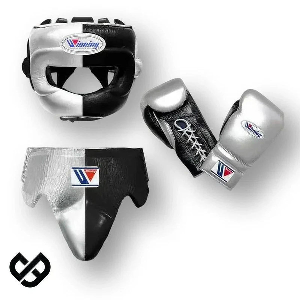 Winning silver and black split boxing set with face bar headgear, lace-up gloves and groin guard