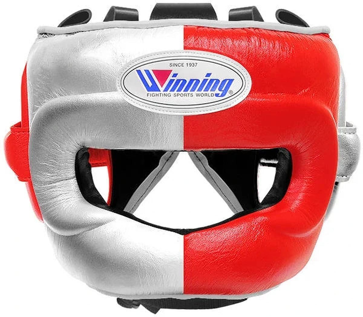Winning red and silver split boxing set with face bar headgear, lace-up gloves and matching groin guard - side view