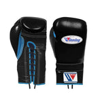 Winning black and royal blue split boxing set with lace-up gloves, headgear and groin guard - palm and closure detail