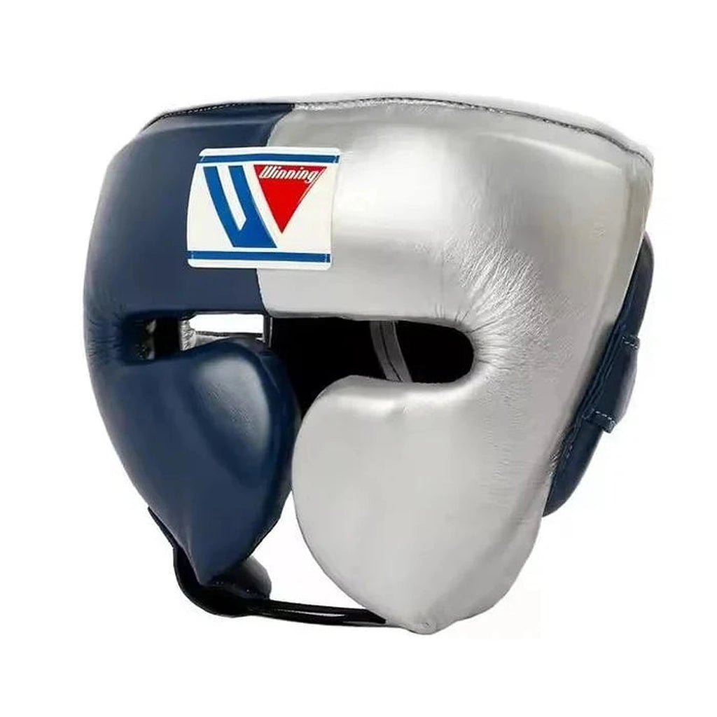 Winning navy and silver split boxing set with lace-up gloves, headgear and groin guard - side view