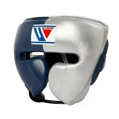 Winning navy and silver split boxing set with lace-up gloves, headgear and groin guard - side view
