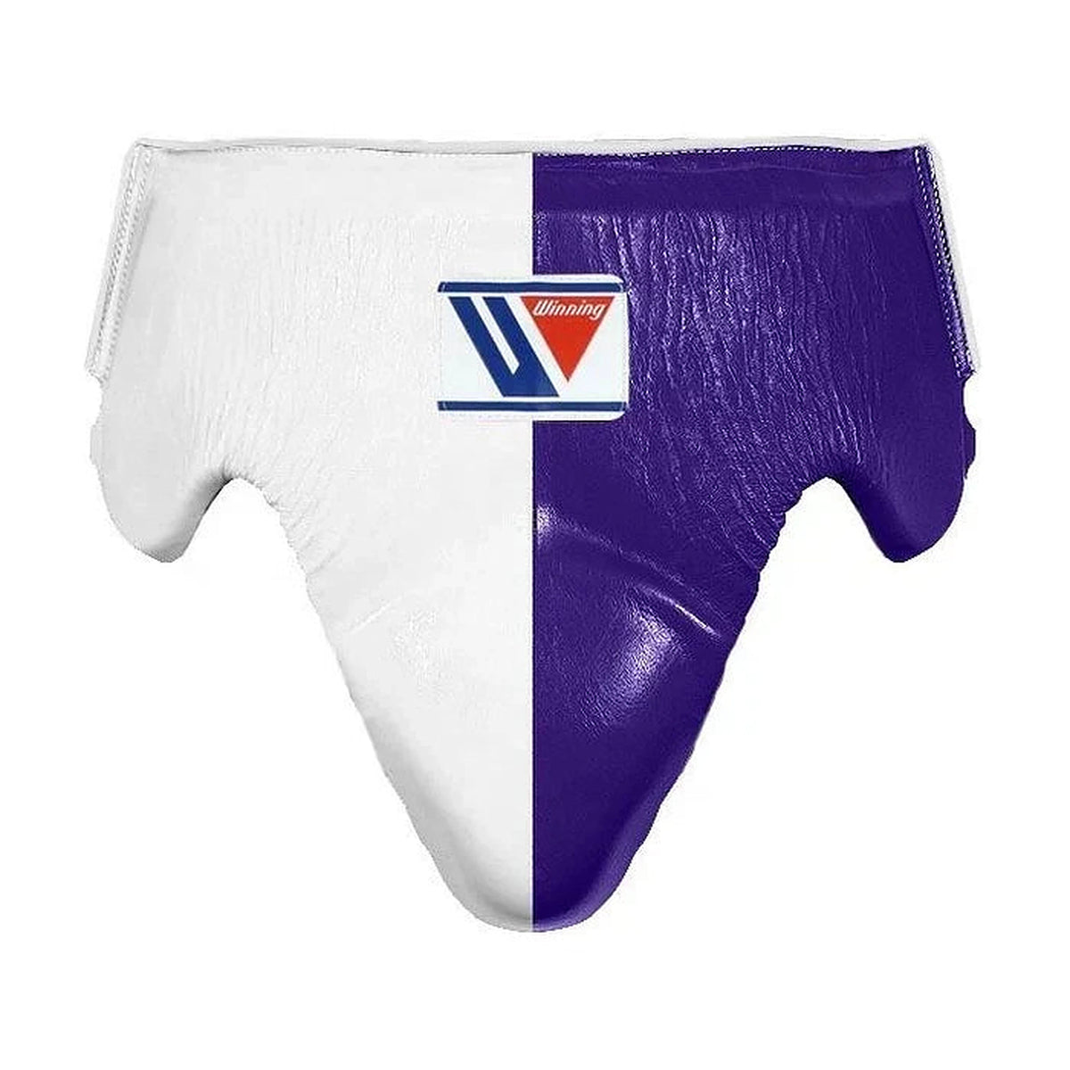Winning white and purple split boxing set with face bar headgear, lace-up gloves and groin guard - palm and closure detail