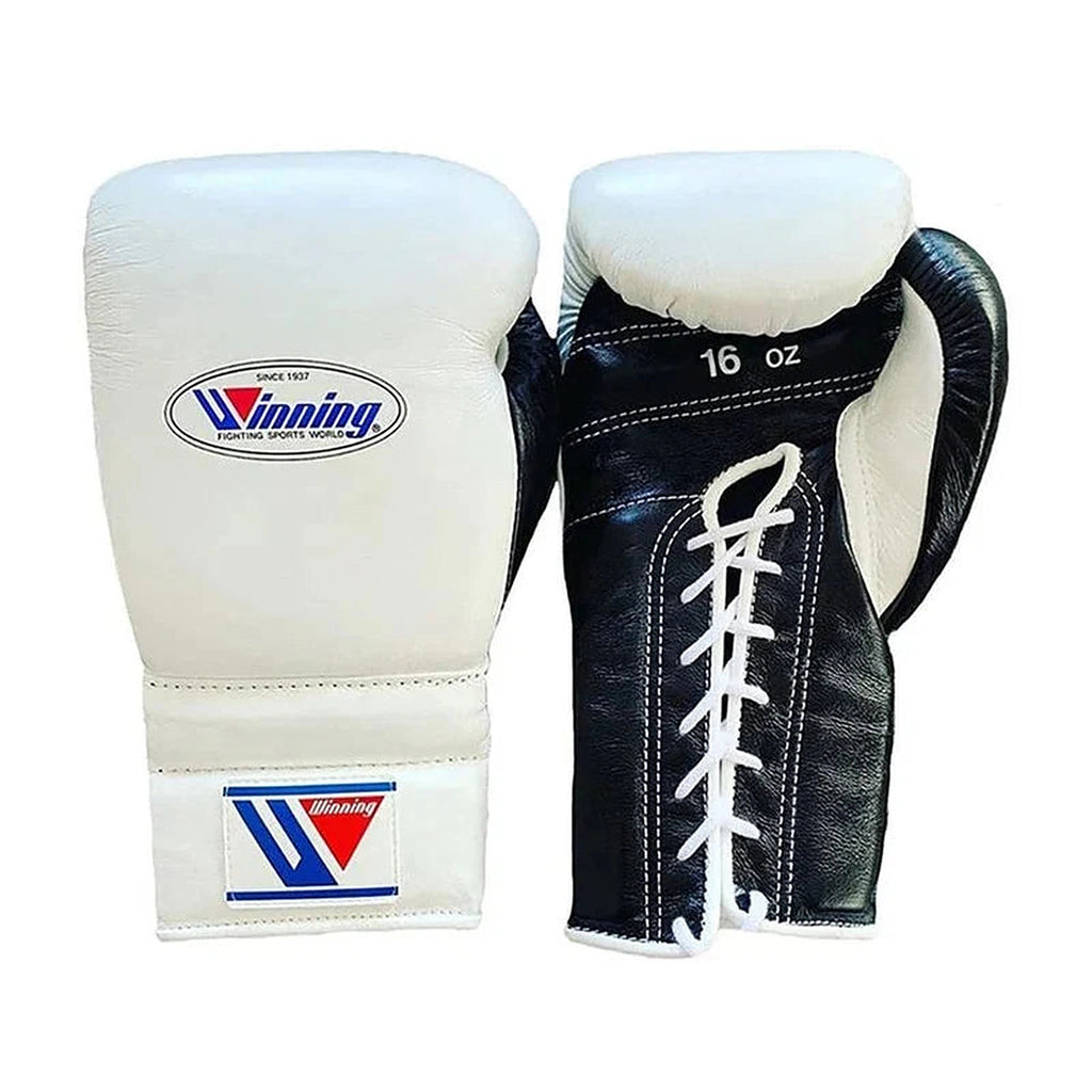 Winning white and black split boxing set, lace-up gloves, headgear and groin guard with W triangle logo - side view