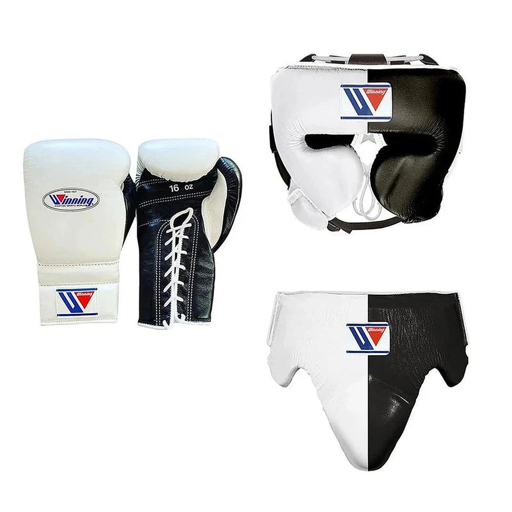 Winning white and black split boxing set, lace-up gloves, headgear and groin guard with W triangle logo