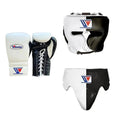 Winning white and black split boxing set, lace-up gloves, headgear and groin guard with W triangle logo