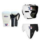 Winning white and black split boxing set, lace-up gloves, headgear and groin guard with W triangle logo