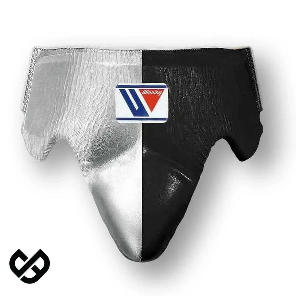 Winning silver and black split boxing set with face bar headgear, lace-up gloves and groin guard - alternate angle