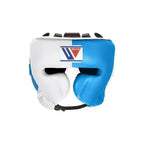 Winning sky blue and white split boxing set with lace-up gloves, headgear and groin guard - palm and closure detail