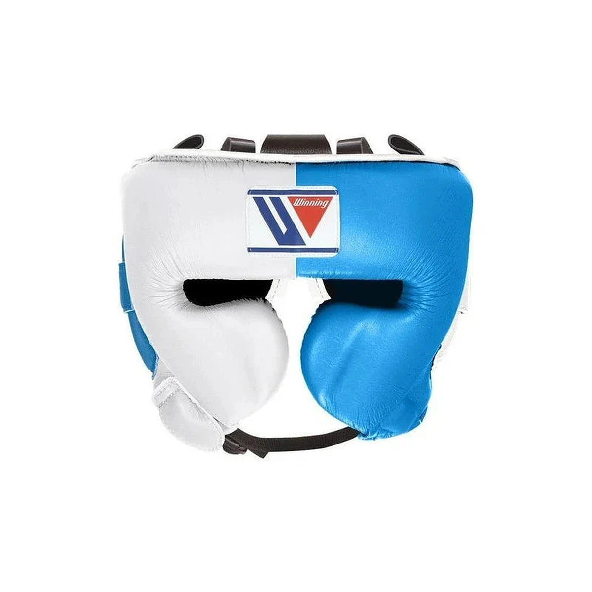 Winning sky blue and white split boxing set with lace-up gloves, headgear and groin guard - palm and closure detail