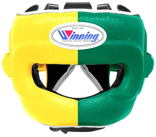 Winning yellow and green split boxing set with face bar headgear, lace-up gloves and groin guard - side view