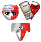 Winning red and silver split boxing set with face bar headgear, lace-up gloves and matching groin guard