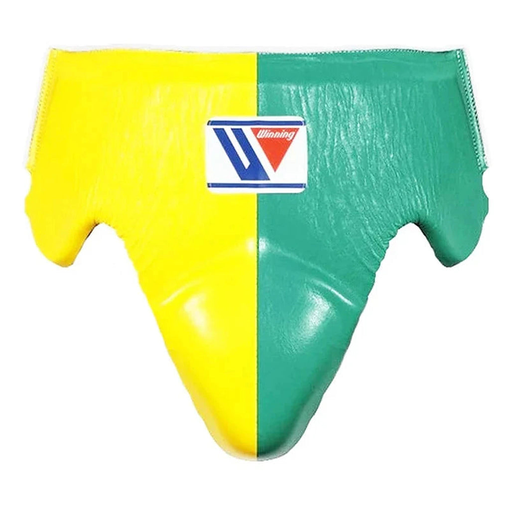 Winning yellow and green split boxing set with face bar headgear, lace-up gloves and groin guard - palm and closure detail