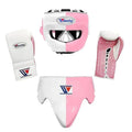 Winning white and pink split boxing set with face bar headgear, lace-up gloves and groin guard