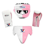 Winning white and pink split boxing set with face bar headgear, lace-up gloves and groin guard