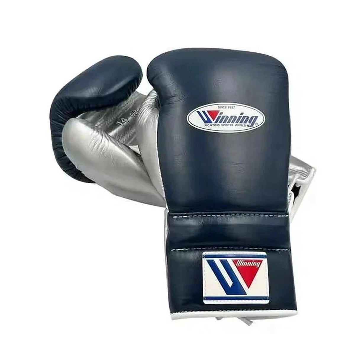 Winning navy and silver split boxing set with lace-up gloves, headgear and groin guard - palm and closure detail