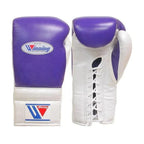 Winning white and purple split boxing set with face bar headgear, lace-up gloves and groin guard - side view