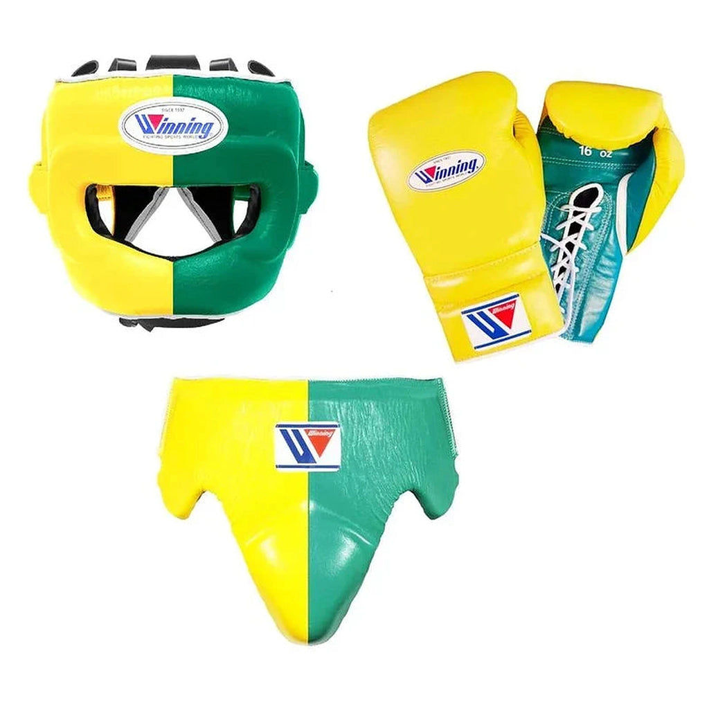 Winning yellow and green split boxing set with face bar headgear, lace-up gloves and groin guard