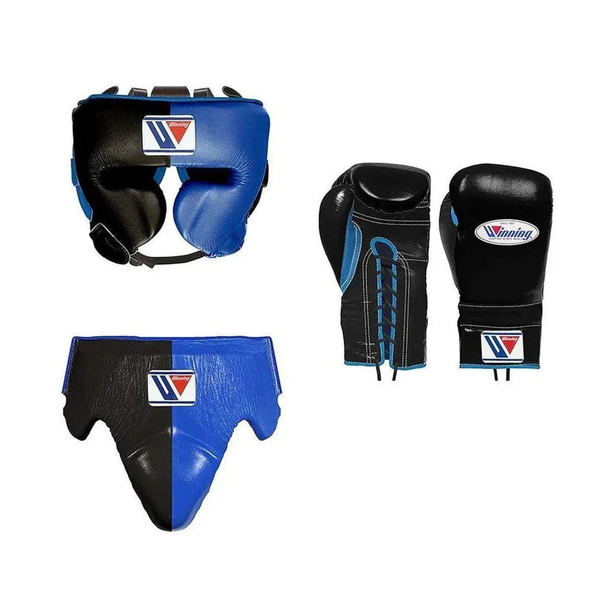 Winning black and royal blue split boxing set with lace-up gloves, headgear and groin guard