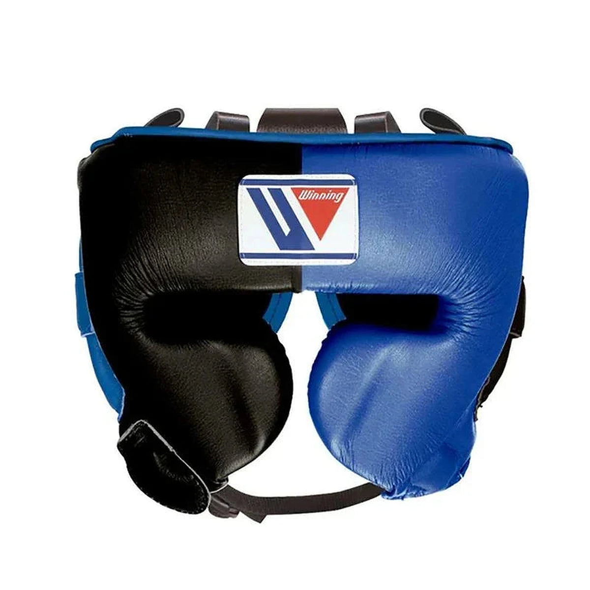 Winning black and royal blue split boxing set with lace-up gloves, headgear and groin guard - side view
