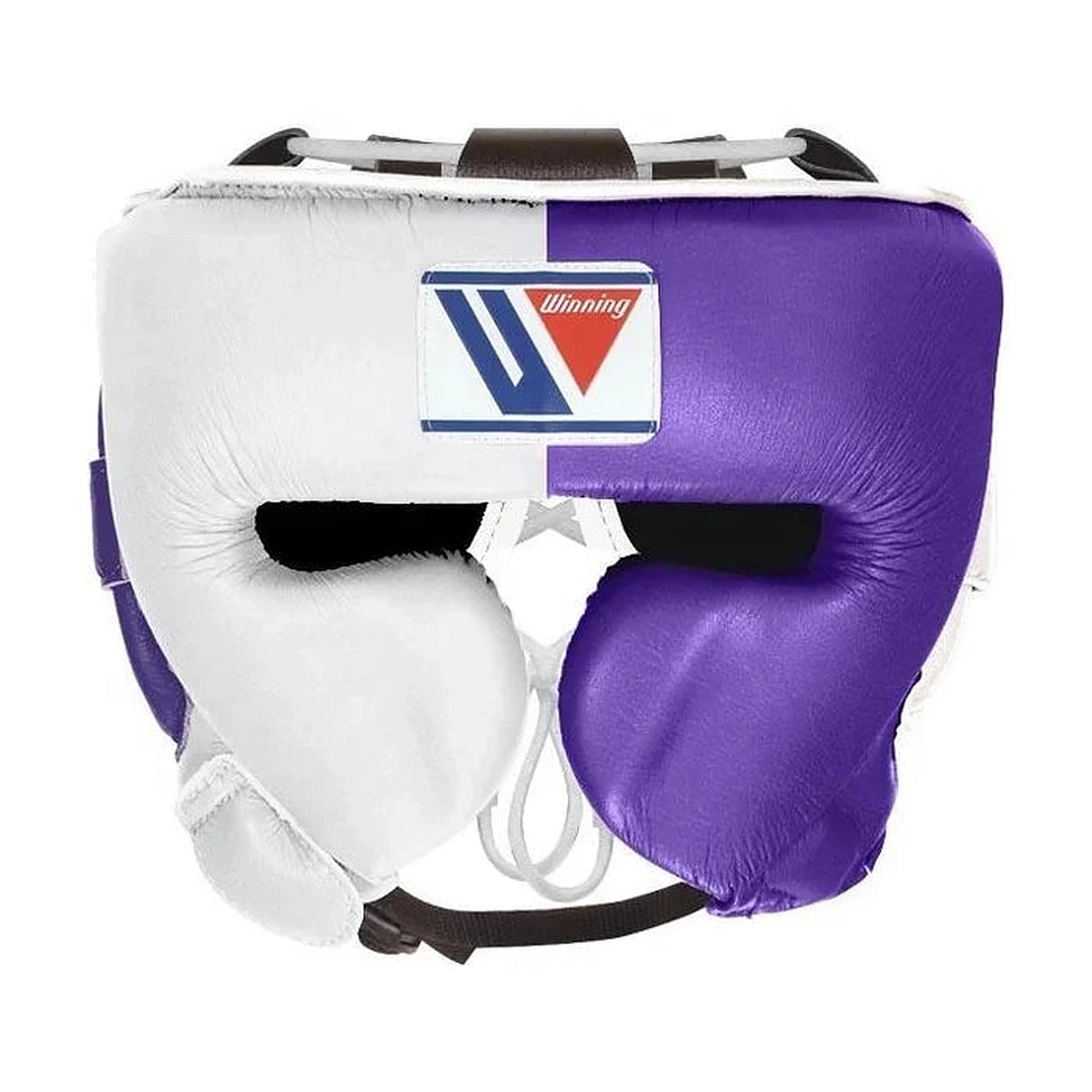 Winning white and purple split boxing set with face bar headgear, lace-up gloves and groin guard - alternate angle