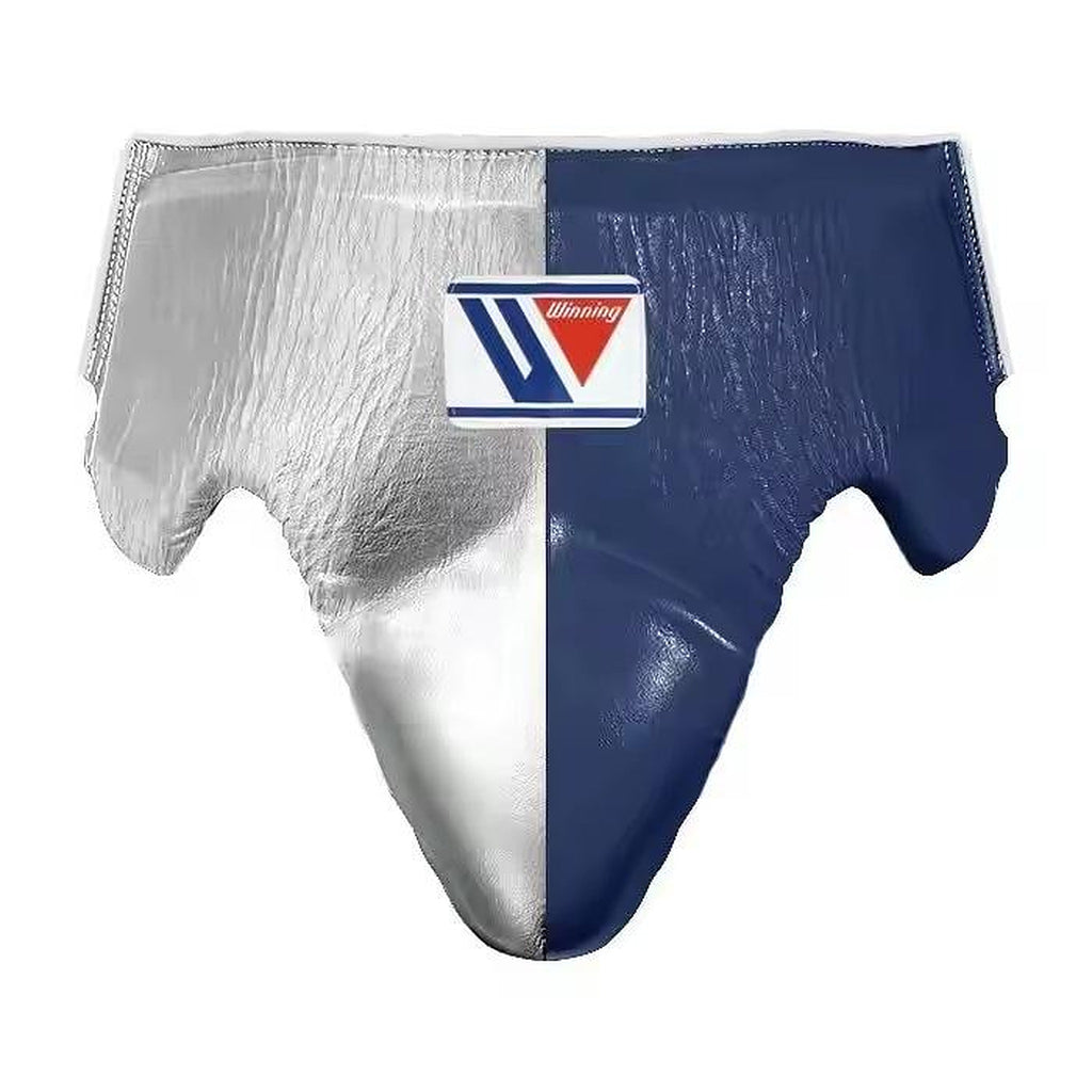 Winning navy and silver split boxing set with lace-up gloves, headgear and groin guard - alternate angle